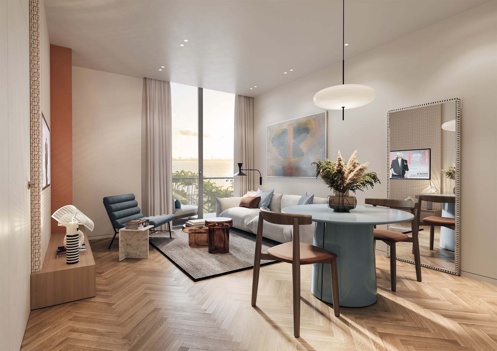 Residence interior with skyline view